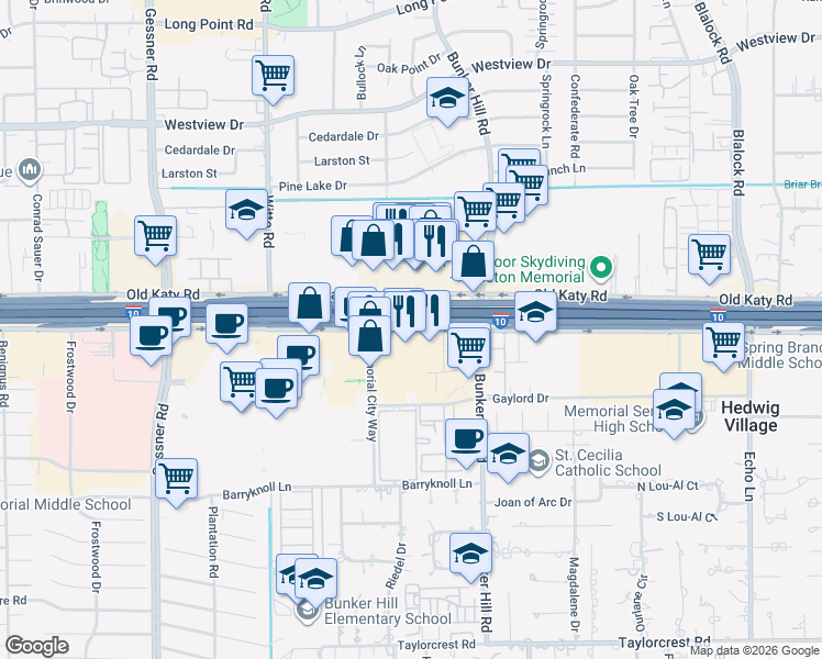 map of restaurants, bars, coffee shops, grocery stores, and more near 9773 Interstate 10 Frontage Road in Houston