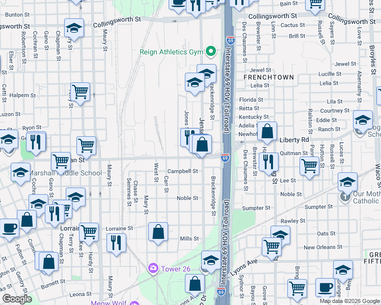 map of restaurants, bars, coffee shops, grocery stores, and more near 2403 Davis Street in Houston