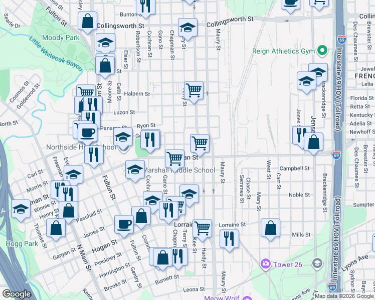 map of restaurants, bars, coffee shops, grocery stores, and more near 2416 Chapman Street in Houston