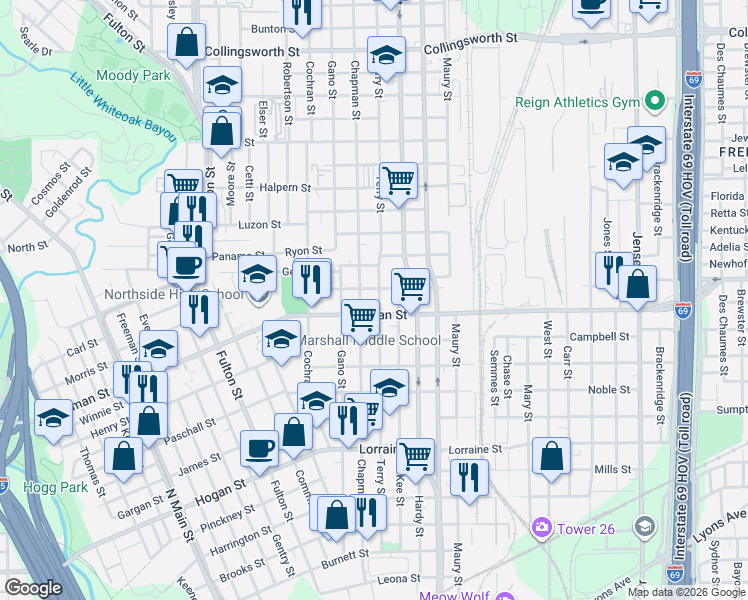 map of restaurants, bars, coffee shops, grocery stores, and more near 2416 Chapman Street in Houston