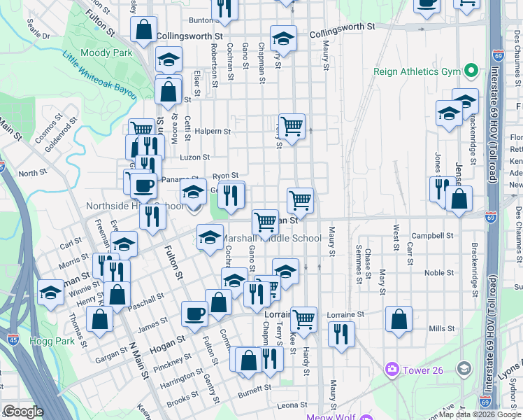 map of restaurants, bars, coffee shops, grocery stores, and more near 2416 Chapman Street in Houston