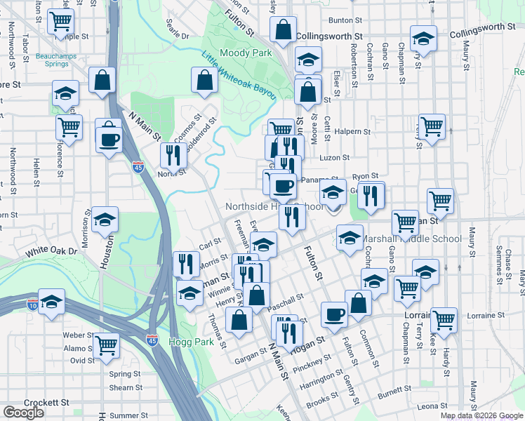 map of restaurants, bars, coffee shops, grocery stores, and more near 906 Boundary Street in Houston