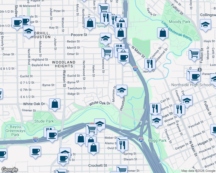 map of restaurants, bars, coffee shops, grocery stores, and more near 2801 Beauchamp Street in Houston