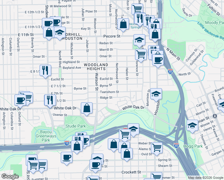 map of restaurants, bars, coffee shops, grocery stores, and more near 619 Teetshorn Street in Houston