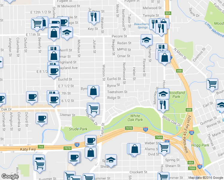map of restaurants, bars, coffee shops, grocery stores, and more near 619 Teetshorn Street in Houston