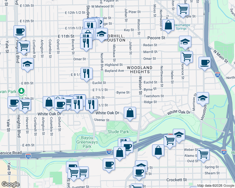 map of restaurants, bars, coffee shops, grocery stores, and more near 936 Byrne Street in Houston