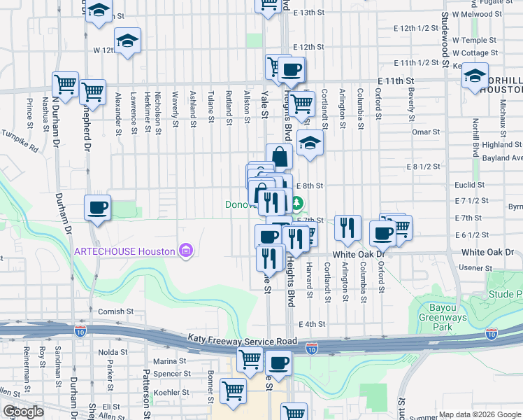 map of restaurants, bars, coffee shops, grocery stores, and more near 724 Yale Street in Houston