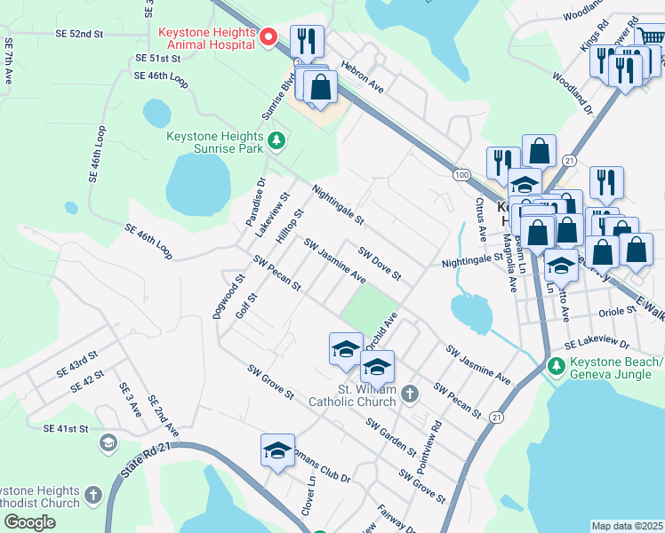 map of restaurants, bars, coffee shops, grocery stores, and more near 675 Southwest Jasmine Avenue in Keystone Heights
