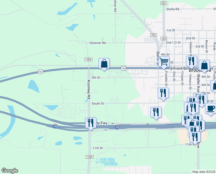 map of restaurants, bars, coffee shops, grocery stores, and more near 4927 5th Street in Brookshire