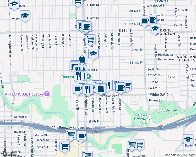 map of restaurants, bars, coffee shops, grocery stores, and more near 713 Cortlandt Street in Houston