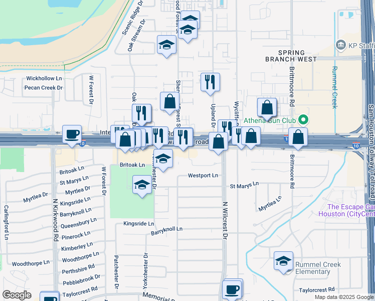 map of restaurants, bars, coffee shops, grocery stores, and more near 11111 Interstate 10 Frontage Road in Houston