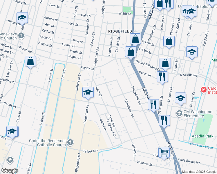 map of restaurants, bars, coffee shops, grocery stores, and more near 1431 Oakley Street in Thibodaux