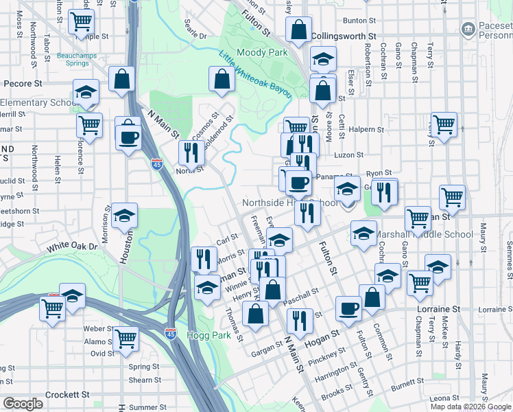map of restaurants, bars, coffee shops, grocery stores, and more near 705 Boundary Street in Houston