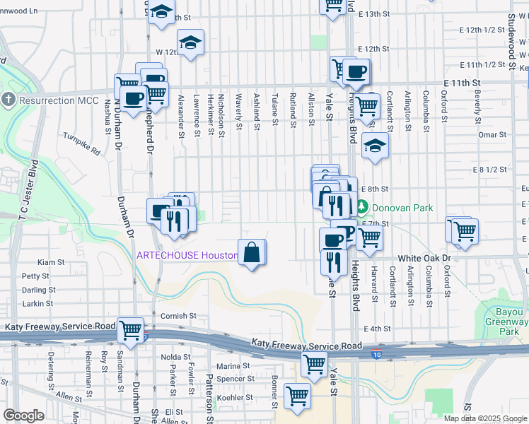 map of restaurants, bars, coffee shops, grocery stores, and more near 716 Ashland Street in Houston