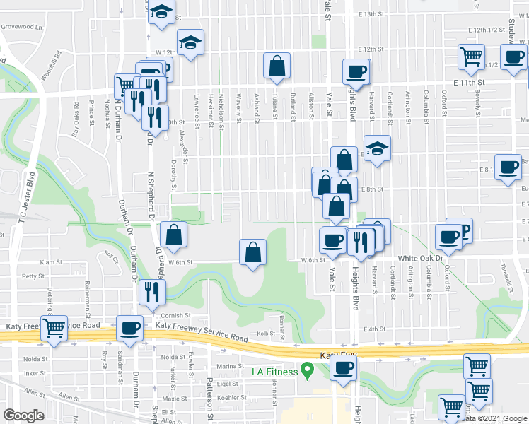 map of restaurants, bars, coffee shops, grocery stores, and more near 716 Ashland Street in Houston