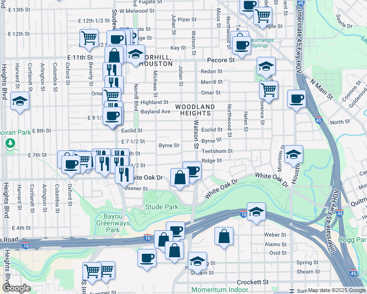 map of restaurants, bars, coffee shops, grocery stores, and more near 2810 Julian Street in Houston
