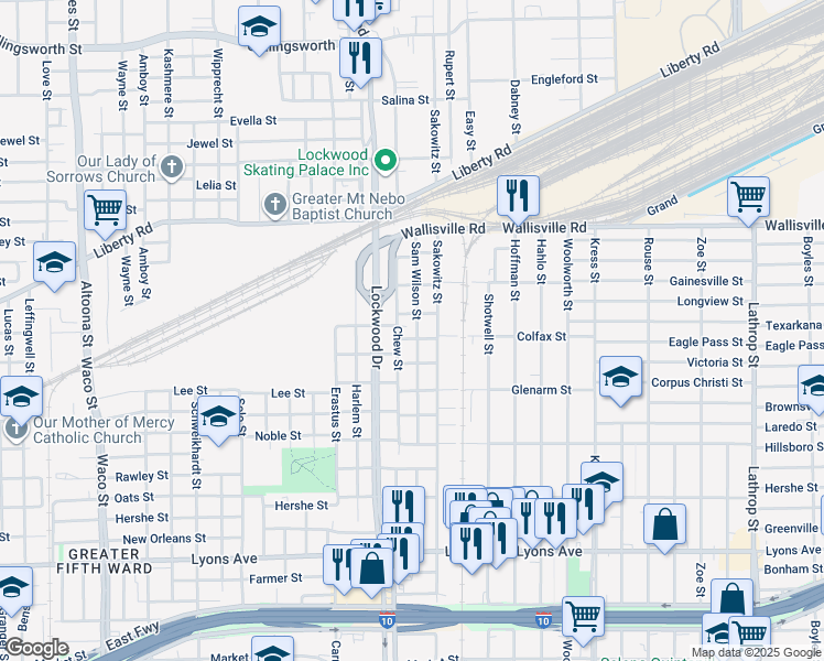 map of restaurants, bars, coffee shops, grocery stores, and more near 2415 Sam Wilson Street in Houston