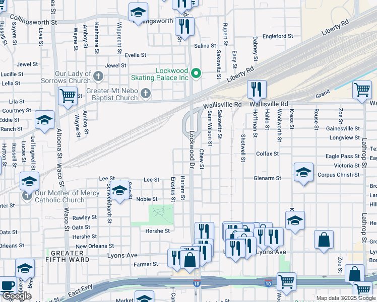 map of restaurants, bars, coffee shops, grocery stores, and more near 2419 Lockwood Drive in Houston