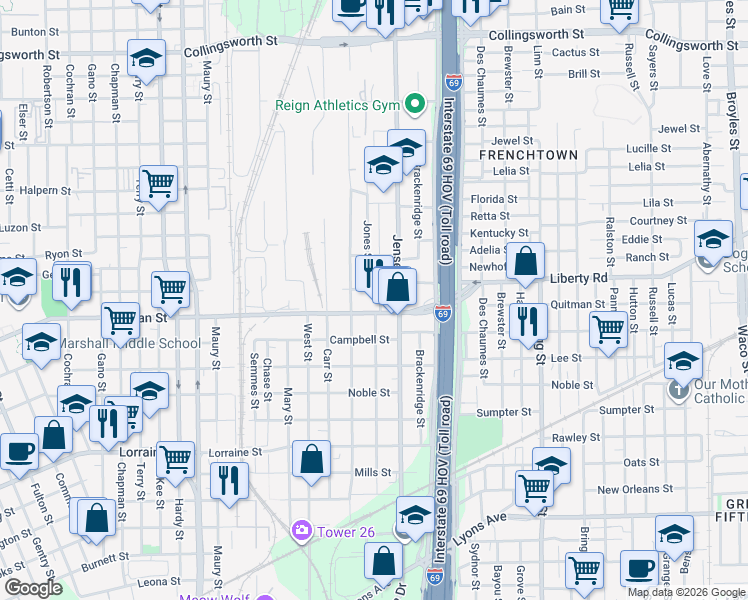 map of restaurants, bars, coffee shops, grocery stores, and more near 2403 Davis Street in Houston