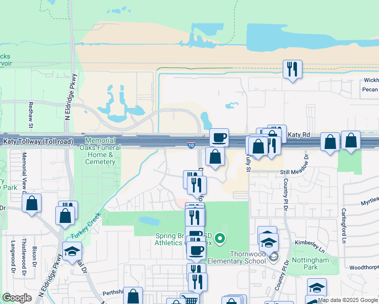 map of restaurants, bars, coffee shops, grocery stores, and more near 12401 Interstate 10 Frontage Road in Houston