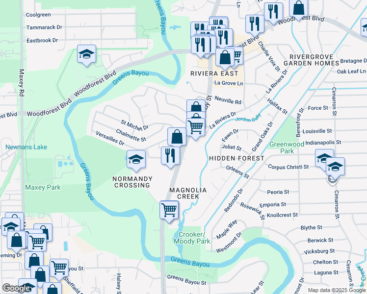 map of restaurants, bars, coffee shops, grocery stores, and more near 807 Normandy Street in Houston