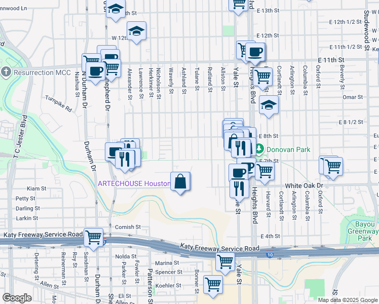 map of restaurants, bars, coffee shops, grocery stores, and more near 716 Ashland Street in Houston