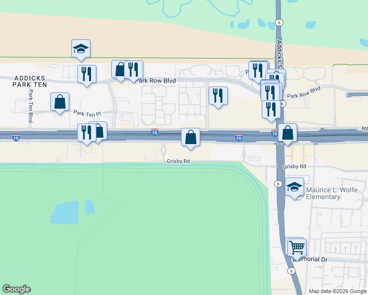 map of restaurants, bars, coffee shops, grocery stores, and more near 15385 Interstate 10 Frontage Road in Houston