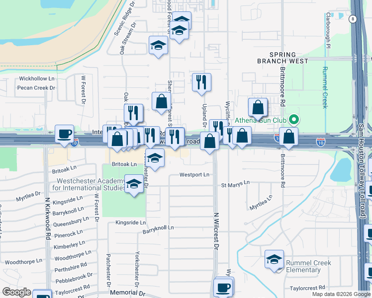 map of restaurants, bars, coffee shops, grocery stores, and more near 11111 Katy Fwy in Houston