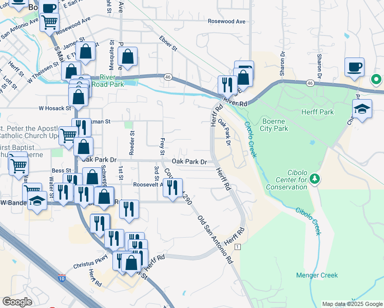 map of restaurants, bars, coffee shops, grocery stores, and more near 125 Green Meadows in Boerne