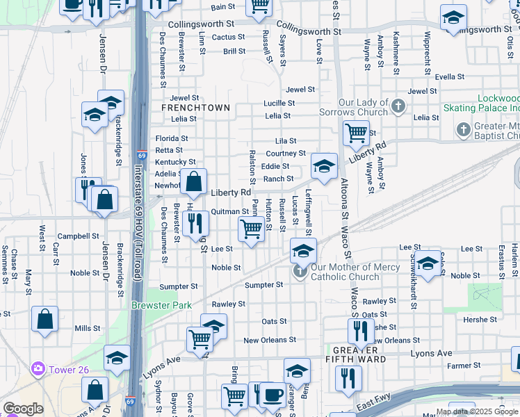 map of restaurants, bars, coffee shops, grocery stores, and more near 2402 Pannell Street in Houston