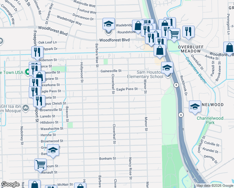 map of restaurants, bars, coffee shops, grocery stores, and more near 14402 Eagle Pass Street in Houston