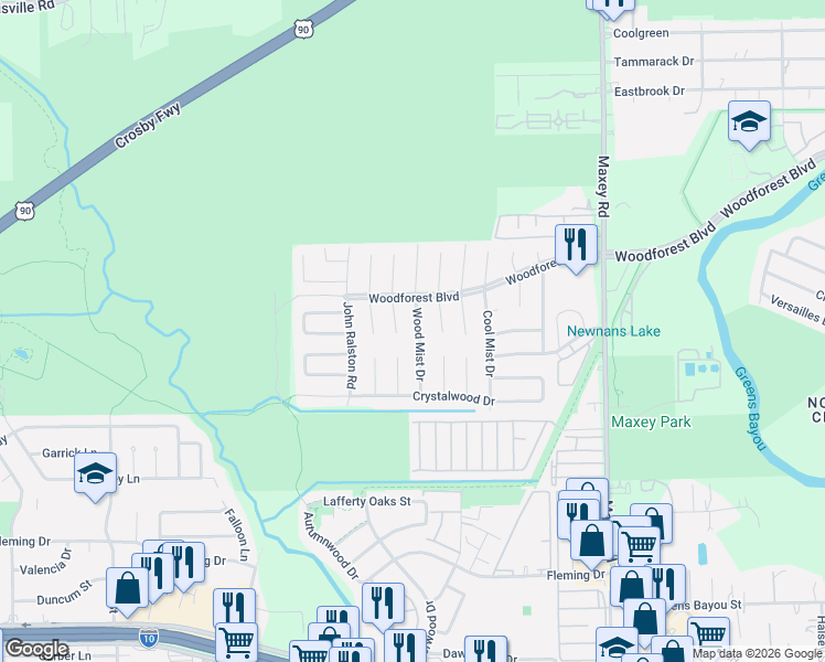 map of restaurants, bars, coffee shops, grocery stores, and more near 562 Wood Mist Drive in Houston