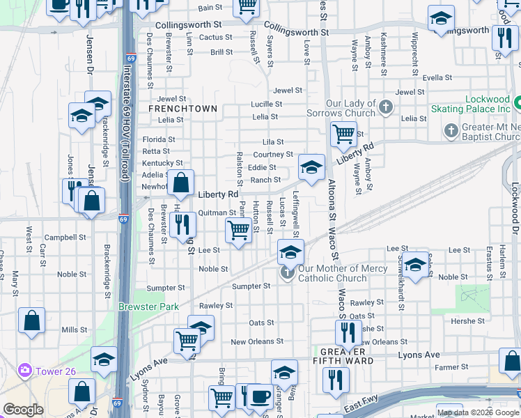 map of restaurants, bars, coffee shops, grocery stores, and more near 2404 Russell Street in Houston