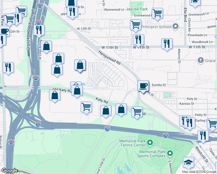 map of restaurants, bars, coffee shops, grocery stores, and more near 709 Old Katy Road in Houston