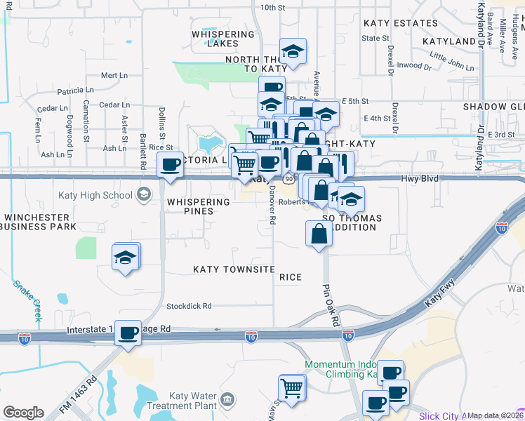 map of restaurants, bars, coffee shops, grocery stores, and more near 659 Danover Road in Katy