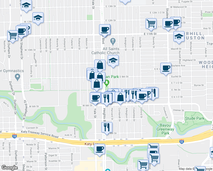 map of restaurants, bars, coffee shops, grocery stores, and more near 718 Heights Boulevard in Houston
