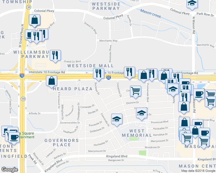 map of restaurants, bars, coffee shops, grocery stores, and more near 22530 Poppyfield Drive in Katy
