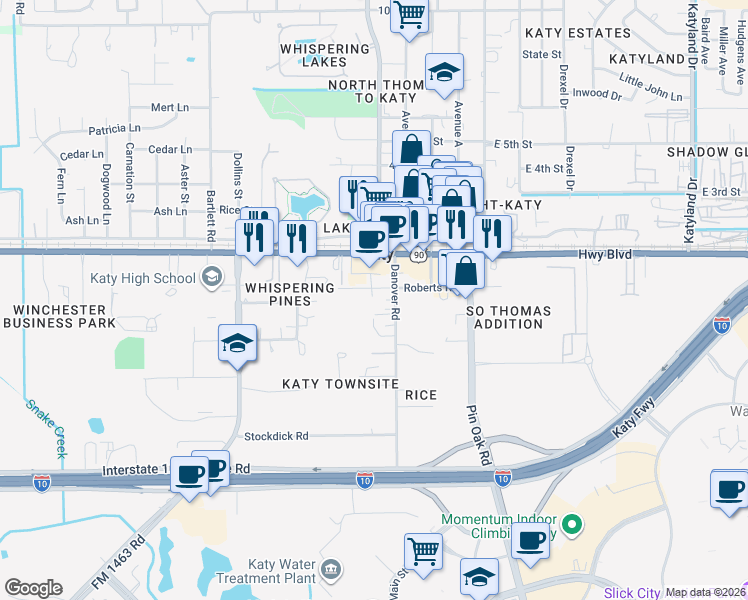 map of restaurants, bars, coffee shops, grocery stores, and more near 659 Danover Road in Katy