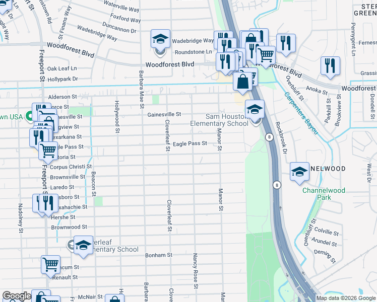 map of restaurants, bars, coffee shops, grocery stores, and more near 14447 Victoria Street in Houston