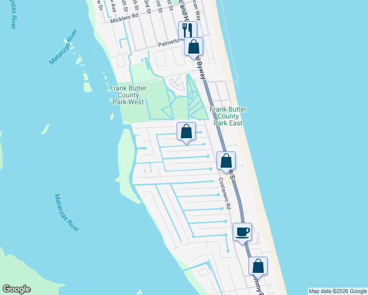 map of restaurants, bars, coffee shops, grocery stores, and more near 254 Pizarro Road in St. Augustine