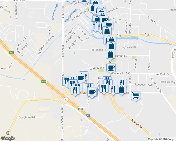 map of restaurants, bars, coffee shops, grocery stores, and more near 231 West Highland Drive in Boerne
