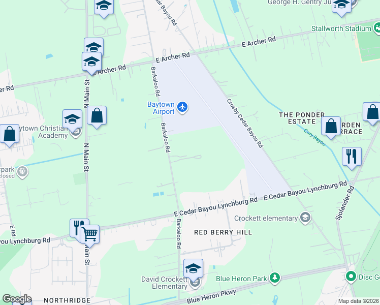 map of restaurants, bars, coffee shops, grocery stores, and more near 5300 Barkaloo Road in Baytown