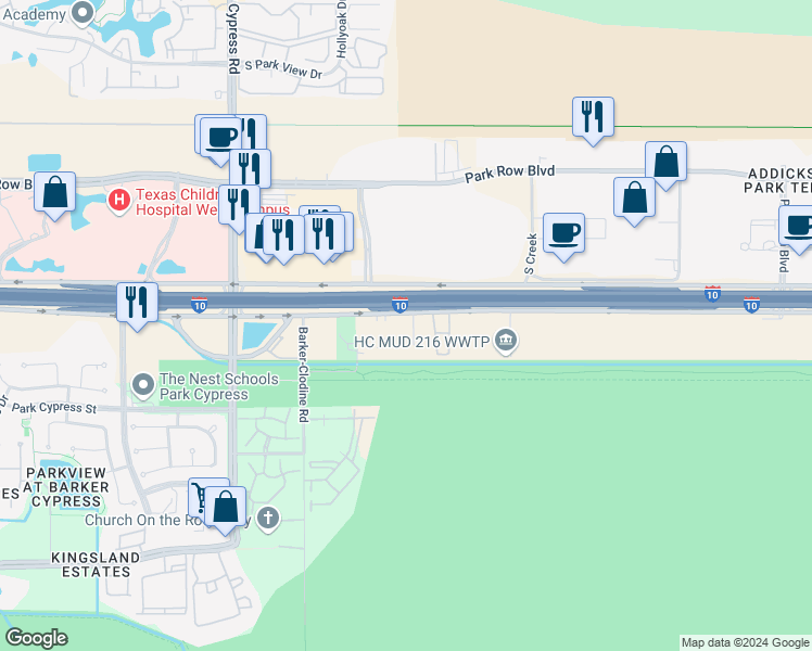 map of restaurants, bars, coffee shops, grocery stores, and more near 17113 Interstate 10 Frontage Road in Houston