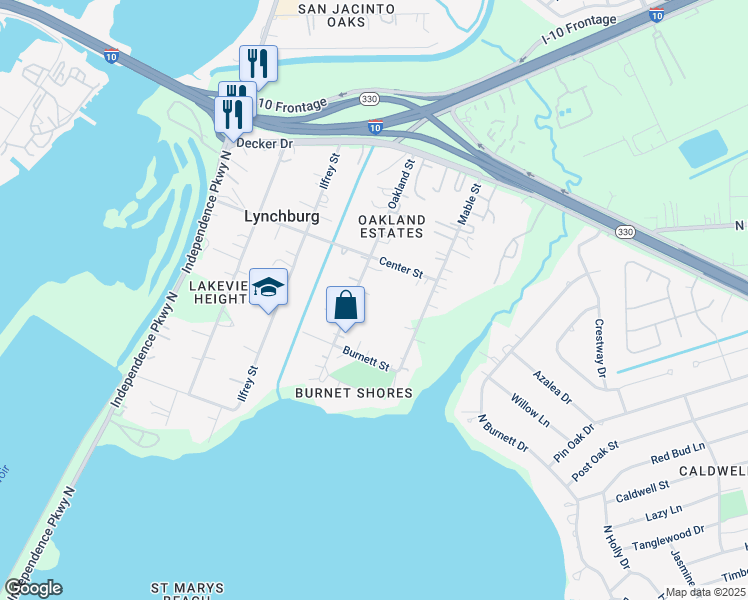 map of restaurants, bars, coffee shops, grocery stores, and more near 234 Oakland Street in Baytown