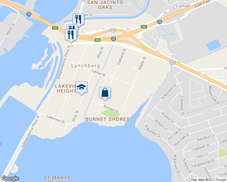 map of restaurants, bars, coffee shops, grocery stores, and more near 234 Oakland Street in Baytown