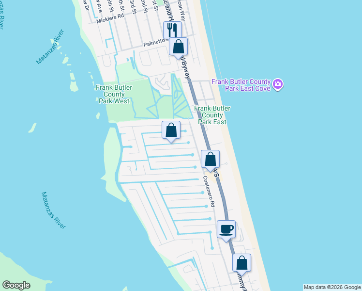 map of restaurants, bars, coffee shops, grocery stores, and more near 218 Pizarro Road in St. Augustine