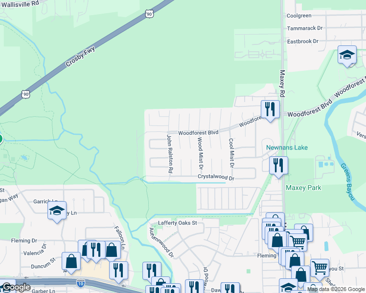 map of restaurants, bars, coffee shops, grocery stores, and more near 563 Slumberwood Drive in Houston