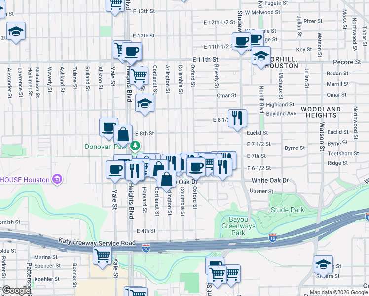 map of restaurants, bars, coffee shops, grocery stores, and more near 710 Columbia Street in Houston