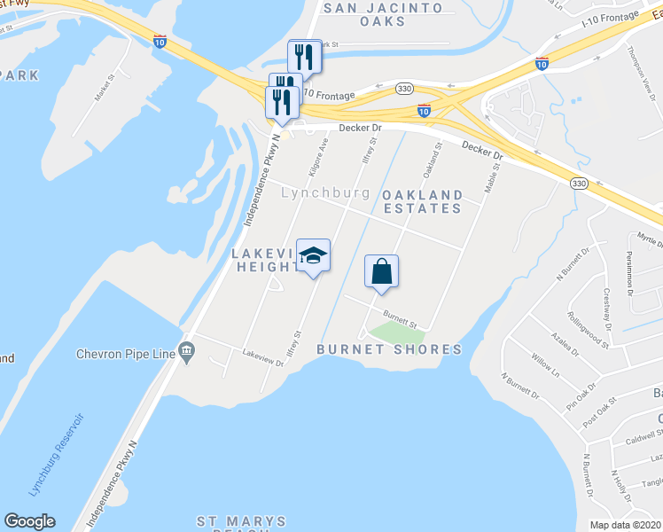 map of restaurants, bars, coffee shops, grocery stores, and more near 244 Ilfrey Street in Baytown