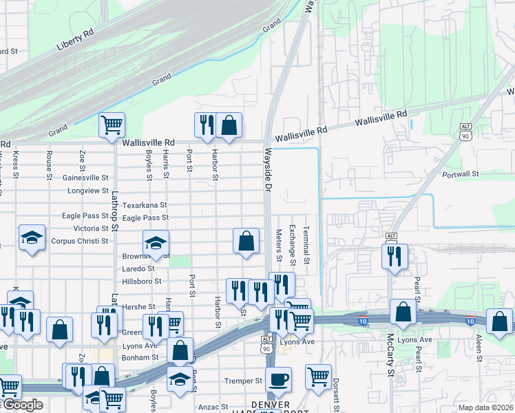 map of restaurants, bars, coffee shops, grocery stores, and more near 2105 North Wayside Drive in Houston